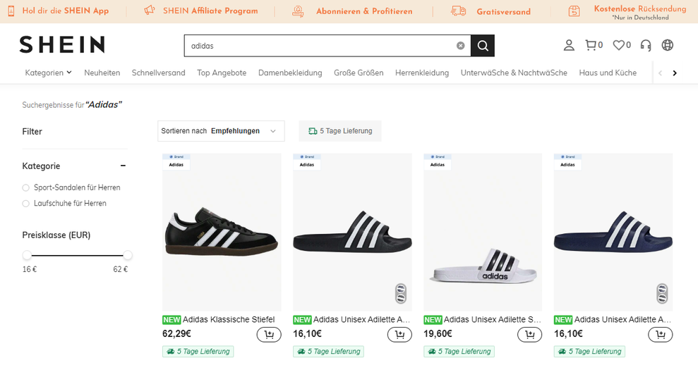 Der Stein des Anstosses: Adidas-Produkte auf Shein. Sie stammen wohl aus Weiterverkufen von Grosshndlern. (Bild: Screenshot)